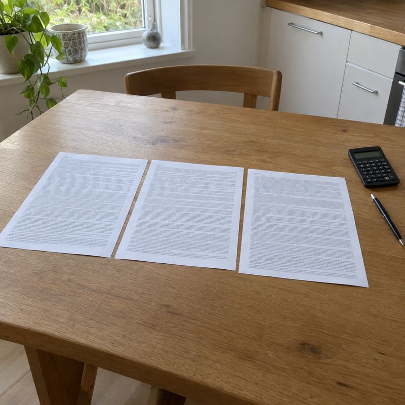 Køkkenbord med tre tilbudsdokumenter side om side, en lommeregner og en pen